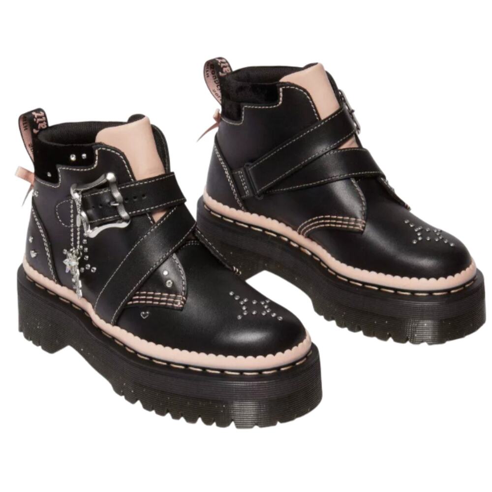 Dr. Martens Docs Black Caitie Leather Powder Pink Platform Boots - Picture 2 of 11